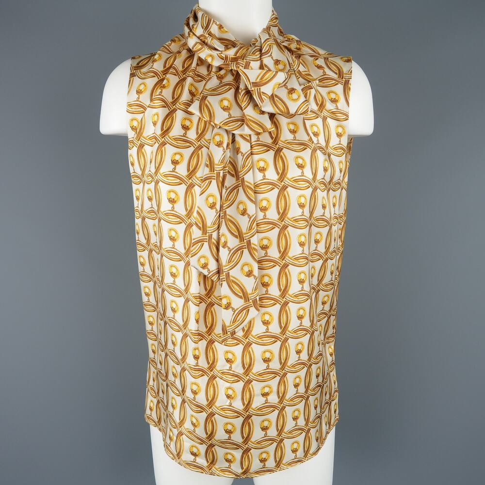 MOSCHINO Size 6 Gold & Cream Hoop Earring Print Silk Bow Dress Top